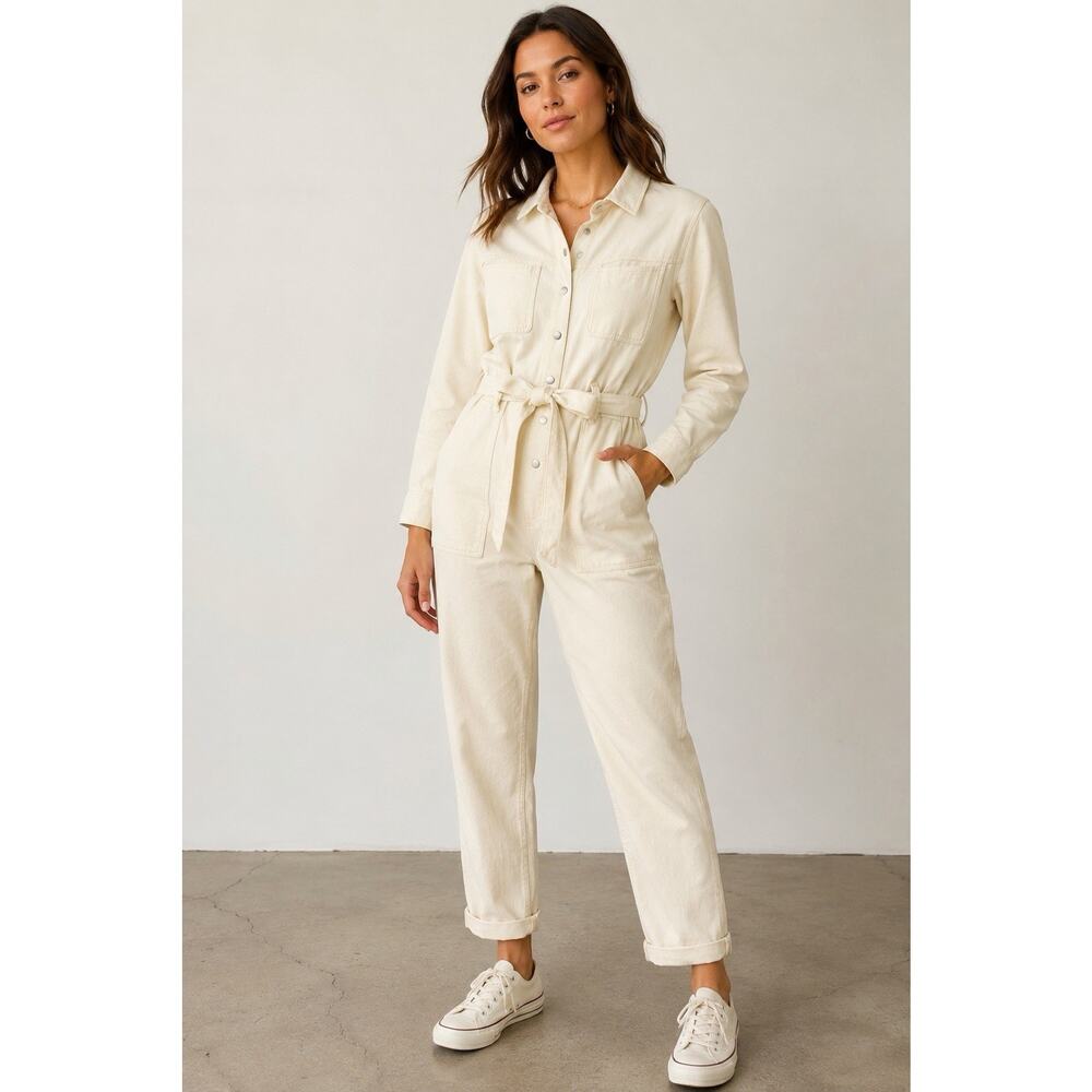 NEW Skies Are Blue Women’s XS Ivory Denim Jumpsuit Belted Utility Snap Front